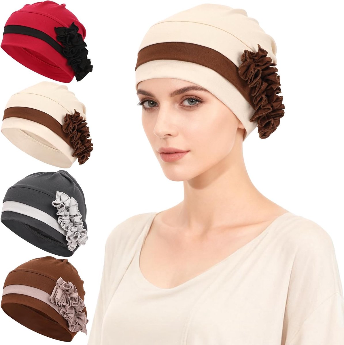 Chemoturban hoofddeksel 4-delig - Zacht chemo hoofddeksel - Elastisch slaaphoofddoek - Comfort bij haarverlies - ShopVlot