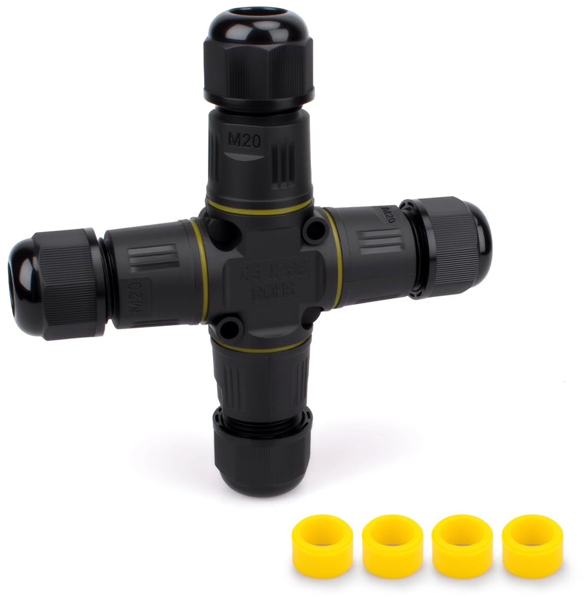 1pcs Cross Type Waterproof Outdoor Cable Connector, M20 Screw Crimping, 2 Poles for 5 to 8mm Cable, with 4 pcs Wire - ShopVlot