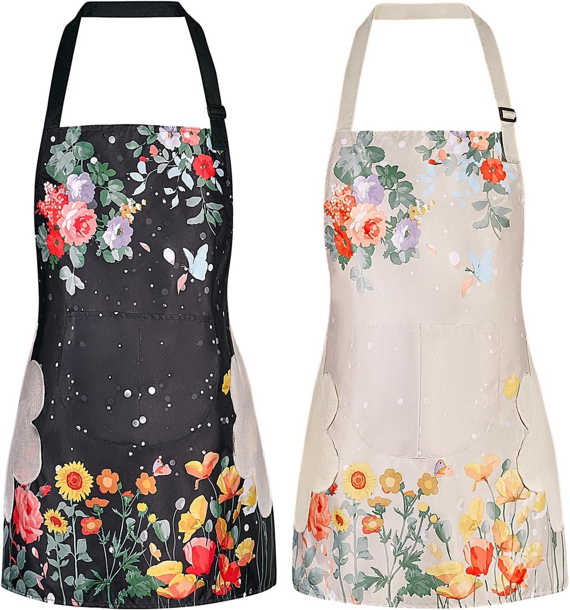 DILLMAN 2 Pack Floral Aprons with Pocket Flowering Womens Waterproof Adjustable Cooking Aprons Kitchen Gardening Salon - ShopVlot