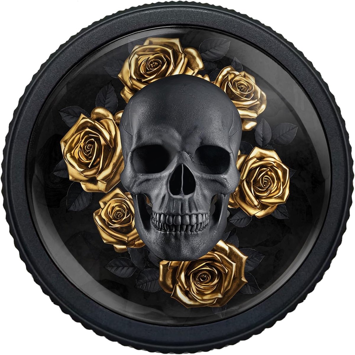 4 Pack Gothic Black Skull with Golden Roses Kitchen Cabinet Knobs Round Mat Black Aluminum Knobs Serrated Single Hole - ShopVlot