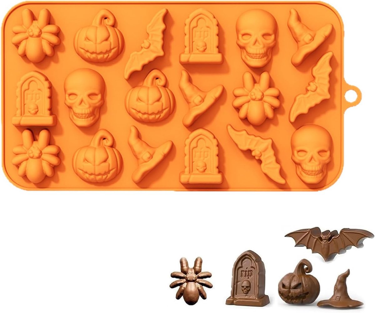 1 Halloween Silicone Mould, 18 Cavities Pumpkin, Bat Skull, Flexible, Heat and Cold Resistant, Easy Cleaning - ShopVlot