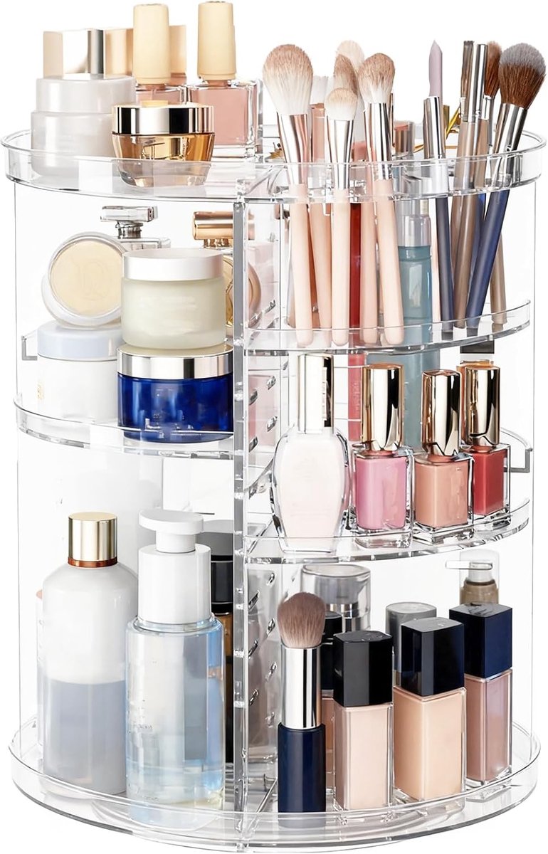 Makeup Organizer, 360° Rotatable, Transparent, Large Capacity with Adjustable and Removable Levels, Cosmetic Storage - ShopVlot