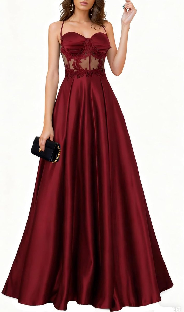 HOMEYEE A491 Women's Elegant Ball Gown Floral Lace Spaghetti Straps Straps Long Bridesmaid Dress Evening Dress A-Line - ShopVlot