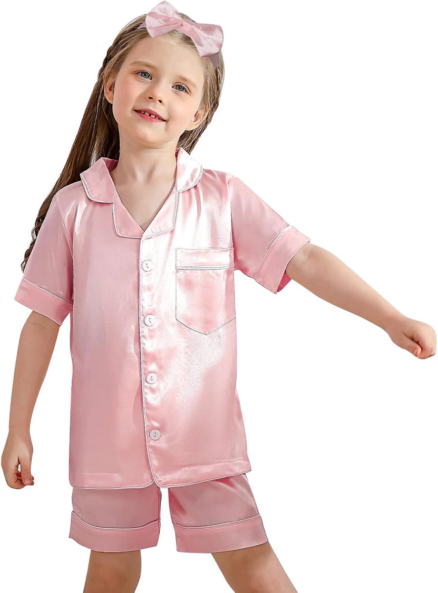 Pajamas Girls Boys Silk Set with Hairband Buttons Pajamas Sleepwear Loungwear Clothing Set - ShopVlot