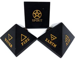 Gemstone Pyramid Black Tourmaline (ca. 5cm, 150g) Hand Engraving 5 Elements of Life Fire Water Earth Air Spirit - ShopVlot