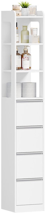 Hoge smalle witte kast met 4 lades en 3 open planken, gevuld met toiletartikelen en opgerolde handdoeken.