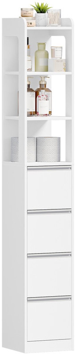 Hzuaneri Badkamerkast van 185 cm met 4 lades en 3 open planken,Badkamermeubel 30 x 30 x 185 cm voor badkamer, woonkamer, keuken – modern, wit