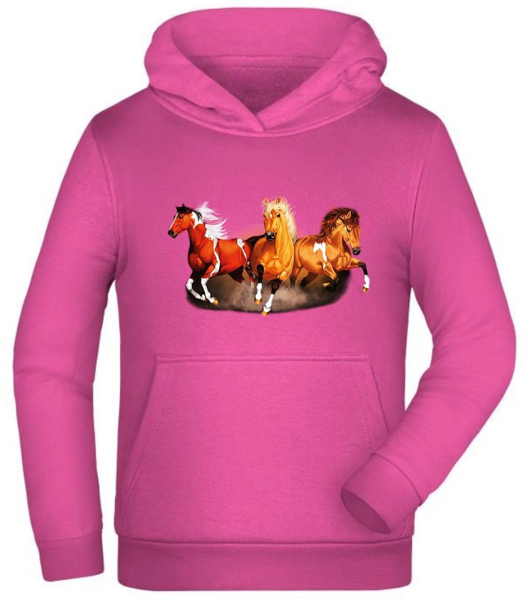 Kinder hoodie met 3 paarden roze - Roze - 170/176