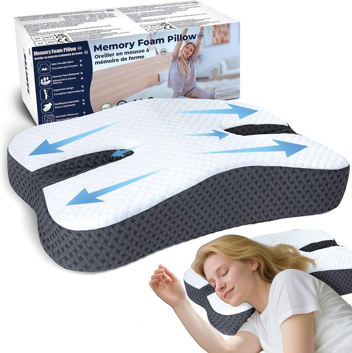 SAHEYER Side Sleeper Pillow, Memory Foam Orthopaedic Pillow for Side Sleepers, Black - ShopVlot