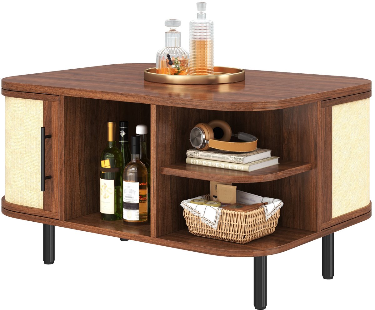 Salontafel 80x60 cm - Couchtisch Met Gebogen Vorm, Opbergruimte En Gevlochten Deuren MDF Walnoot