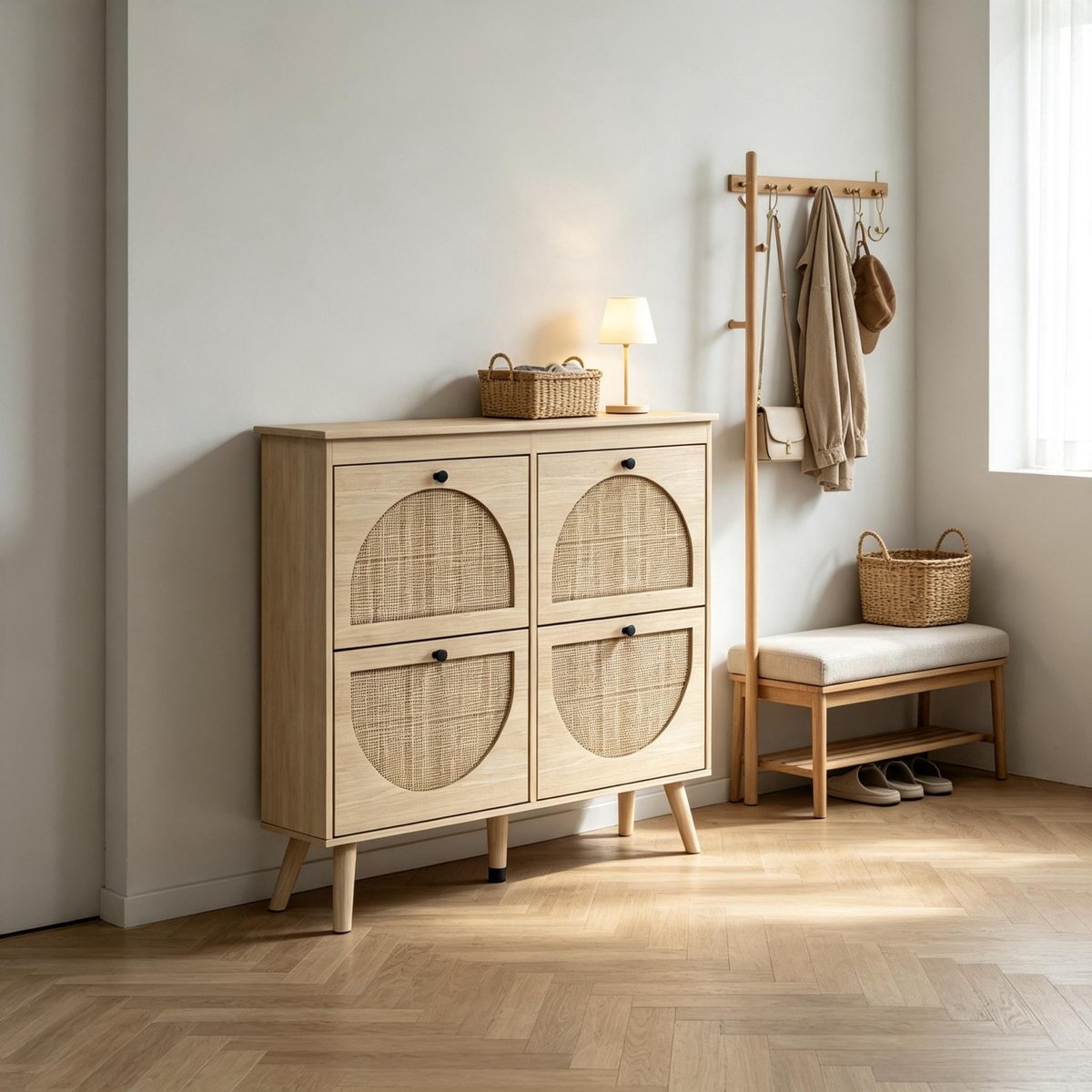 Schuhschrank 105x24x97,5 cm - Schoenenkast Met 4 Schuiflades En Rieten Deuren Natural Wood