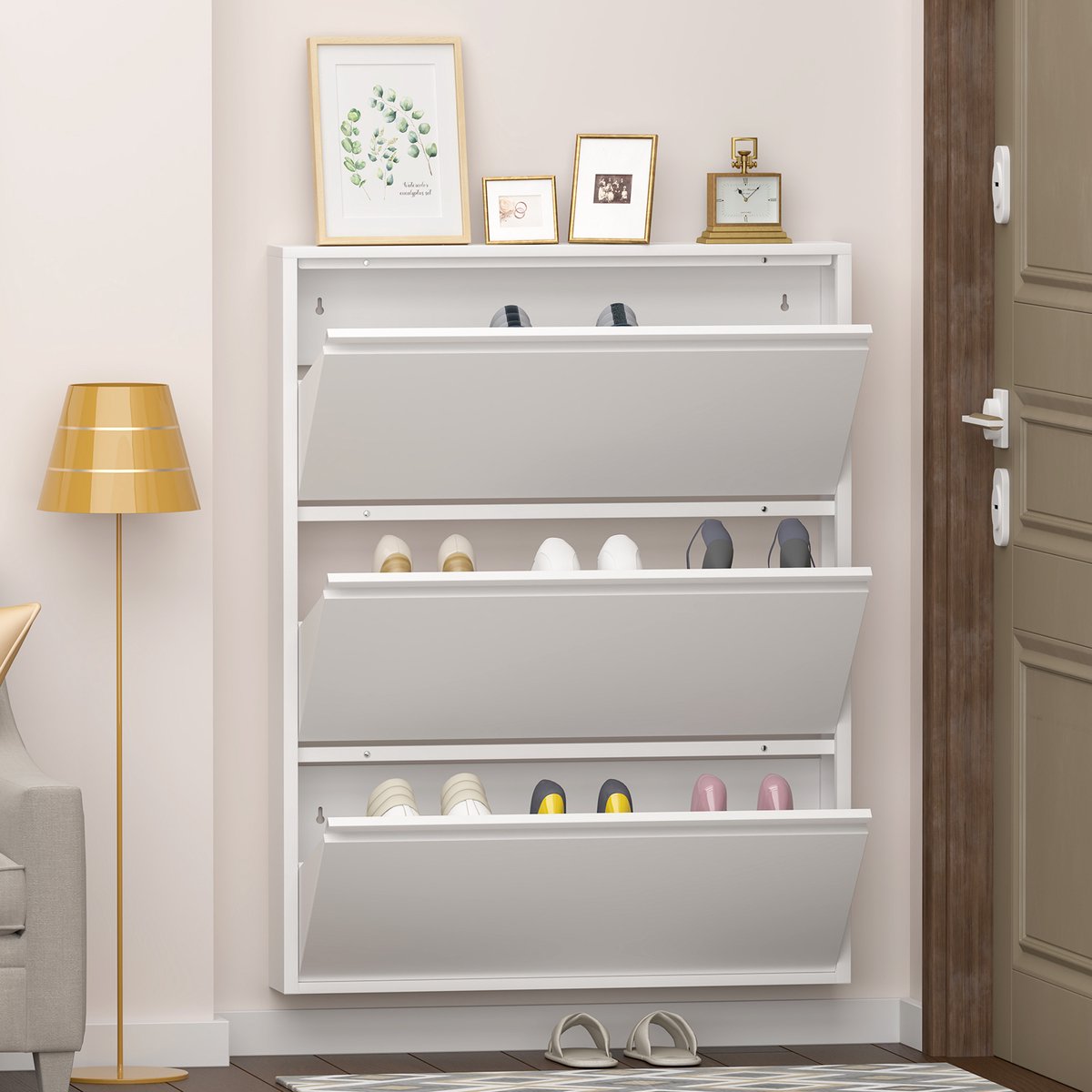 Wandgemonteerde Schoenenkast 80 cm - Smalle Schoenenkast Met 3 Klepdeuren - Metaal Wit