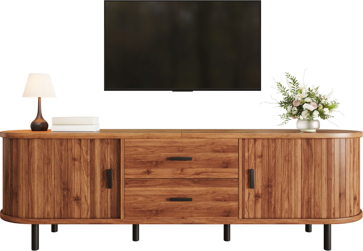 TV-Lowboard 160x40x55 cm - Zwevend Tv Meubel Met Schuifdeuren En 2 Laden Walnoot