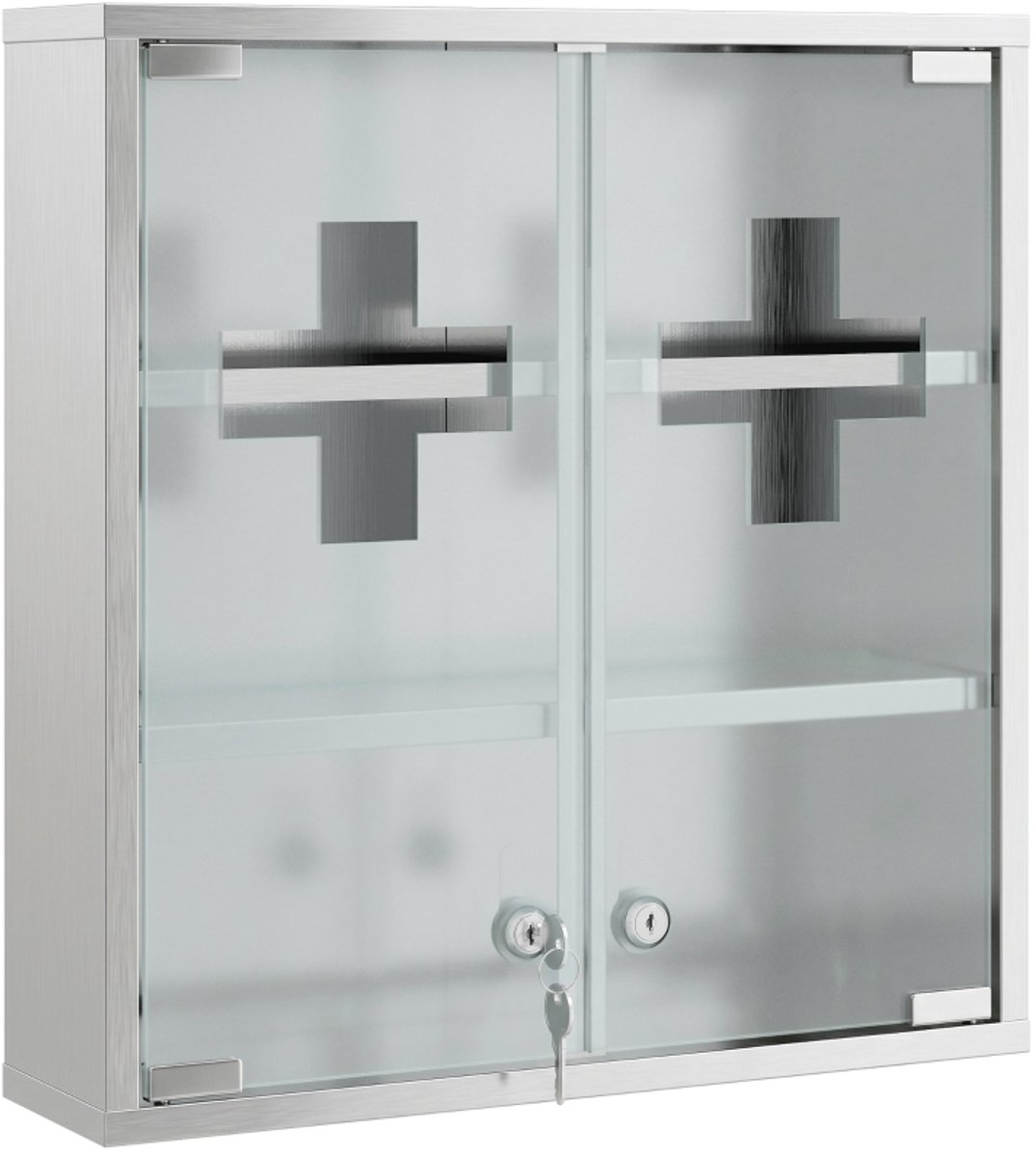 Wandmedicijnkast Met Slot 48x46x12 cm - Roestvrijstalen Badkamerkast Met Glazen Deur En 6 Legplanken Zilver