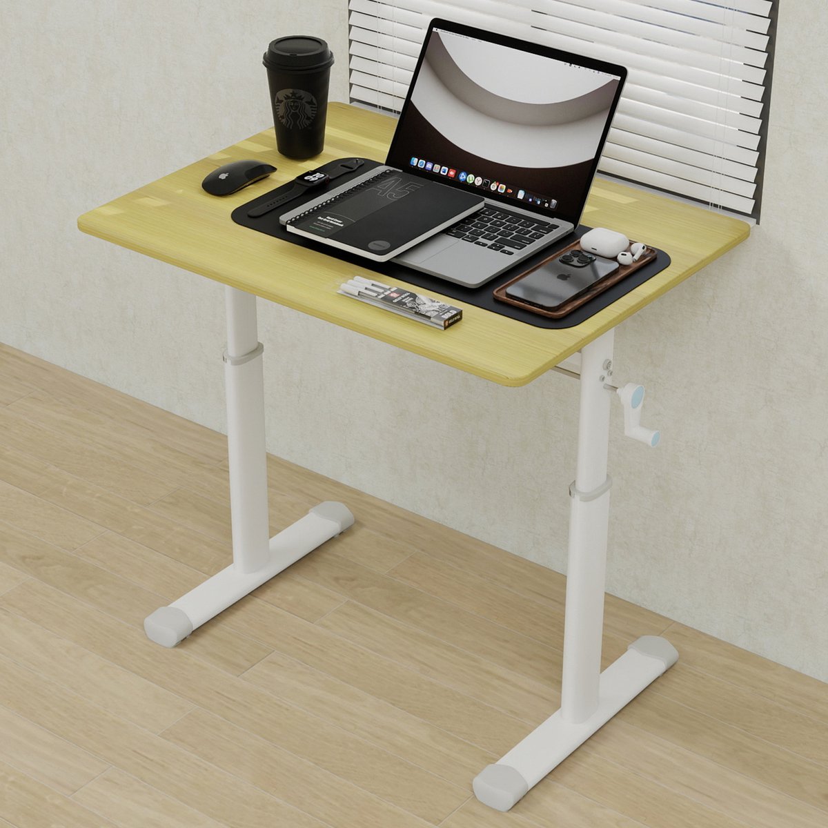 In hoogte verstelbaar Bureau 80x60 cm - Handmatig Draaibaar Bureau Met Stalen Frame Voor Thuis En Kantoor Hout