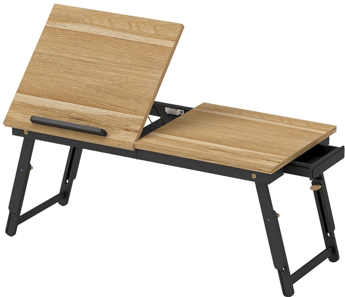 Bedtafel 83x33 cm In hoogte Verstelbaar - Laptoptisch Met Lade En Opklapbaar - Bamboe Eiken