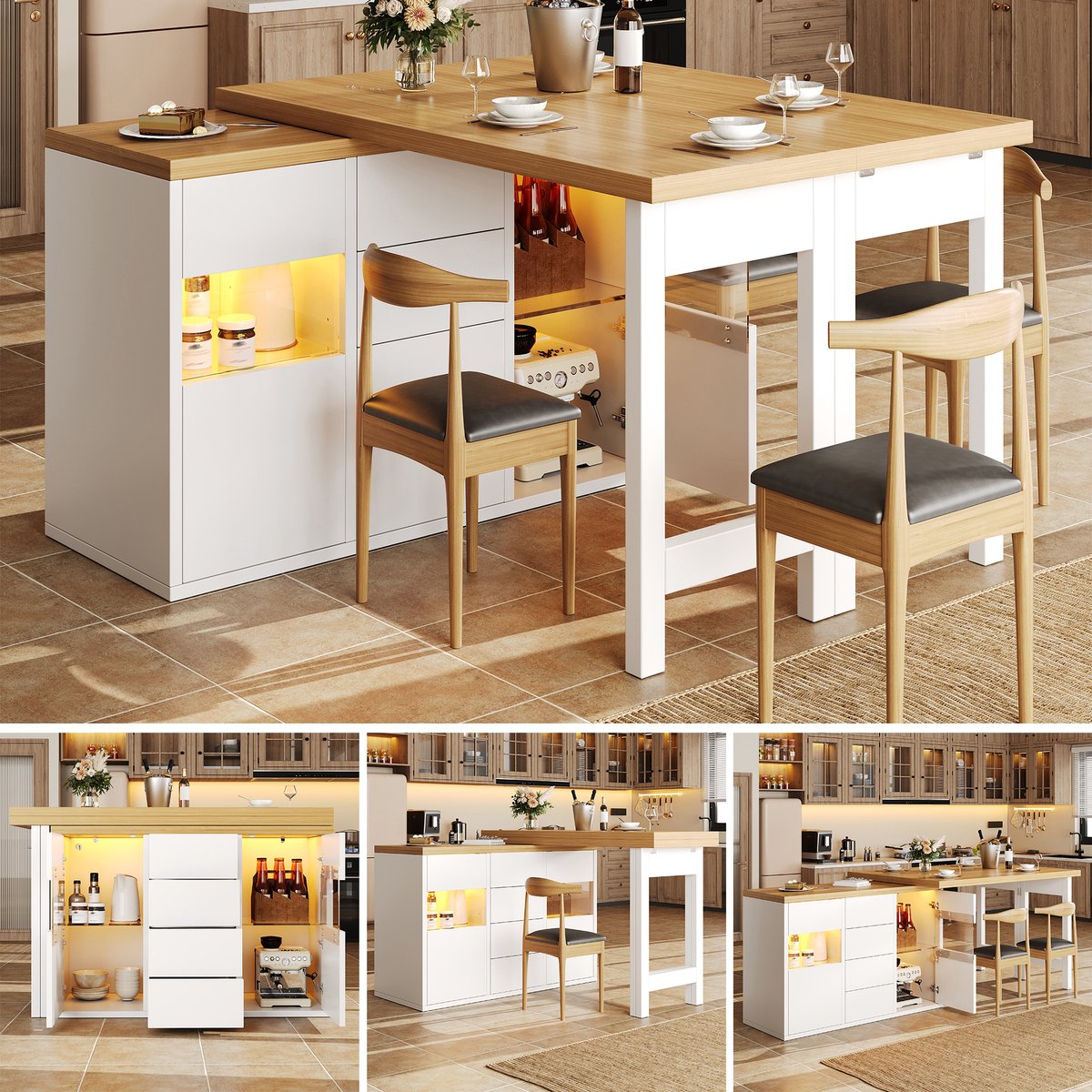 Keuken Eiland 120-197 cm - Draaibaar Kookeiland Met RGB LED App Bediening En Glazen Deuren Wit