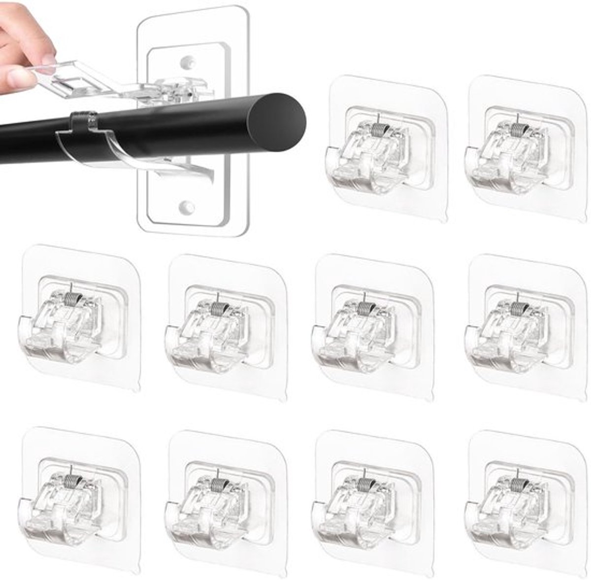 Gordijnroedehouder Zelfklevend - 10 Stuks - Geschikt voor Stangdiameter 15-22 mm - Transparant ABS-kunststof - Duurzaam en Robuust - 6 x 6 cm - Gordijnhaak