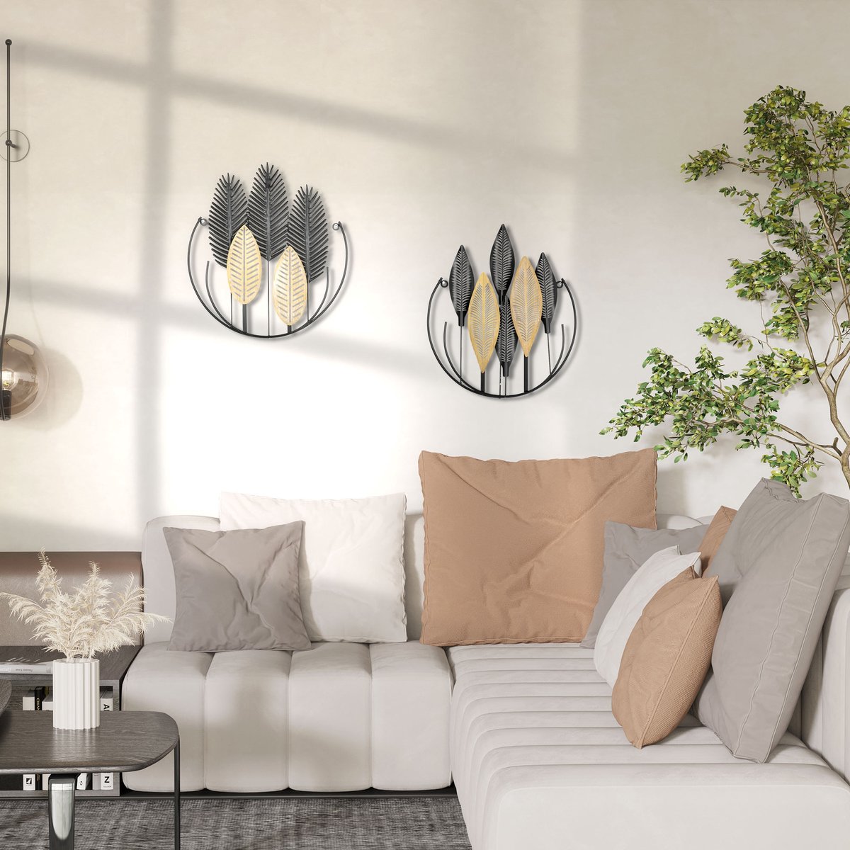 Wandpaneel 3D Metalen Bladeren Set Van 2 40 X 46 Cm Metaal Zwart En Natuur Modern Voor Woonkamer Slaapkamer En Eetkamer
