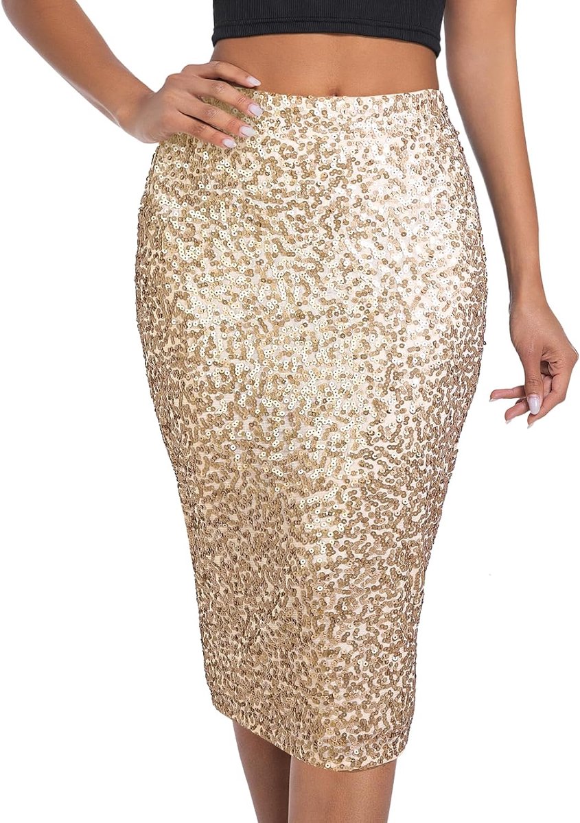 Women's Glitter Skirt with Lining Elastic Waist Sequins Skirt Midi Pencil Skirt for Banquets and Parties - ShopVlot