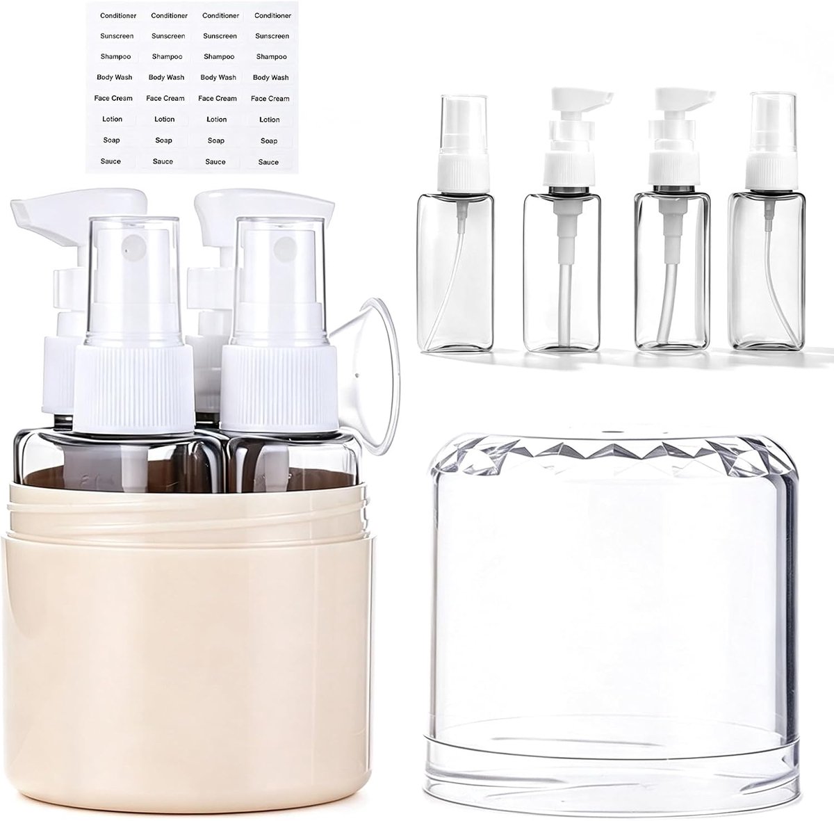 4-in-1 reisfles om te vullen voor shampoo, douchegel, 50 ml - Stabiel, waterdicht, lekvrij, reisdispenser met trechter - ShopVlot
