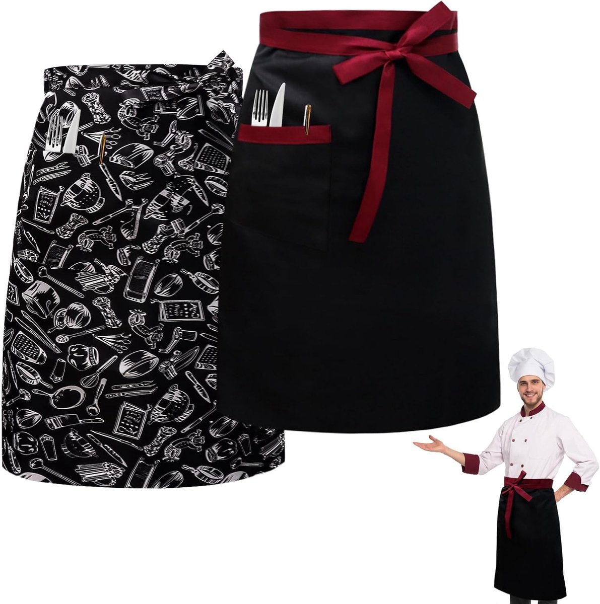 Pack of 2 Front Tie Apron with Pocket, 70 x 70 cm Long, Adjustable Aprons, 2 Styles, Waiter Apron, Black, Serving - ShopVlot
