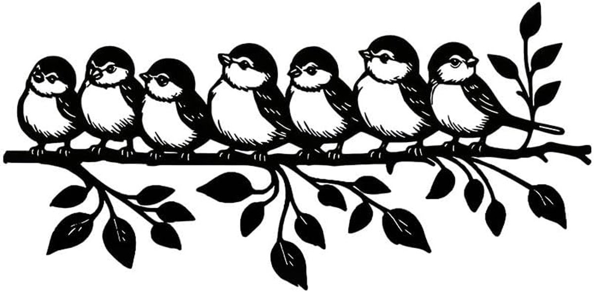 Xshelley 40 cm zwart roestwerend metaal tuin muur kunst, weerbestendig 7 vogels op tak silhouet sculptuur, kantoor - ShopVlot