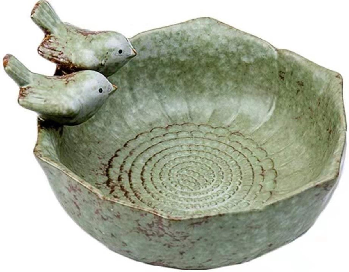 Vogelbad keramisch 15 cm - celadon glazuur - 2 decoratieve vogels - ideaal voor tuin en balkon - ShopVlot