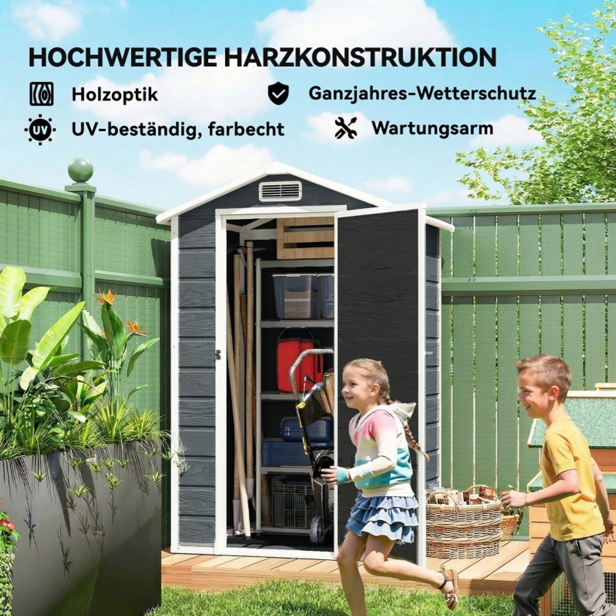 Zubaliya Gereedschapsschuur van polypropyleen met staal – deur en zadeldak – 128 x 104 x 196 cm – Grijs