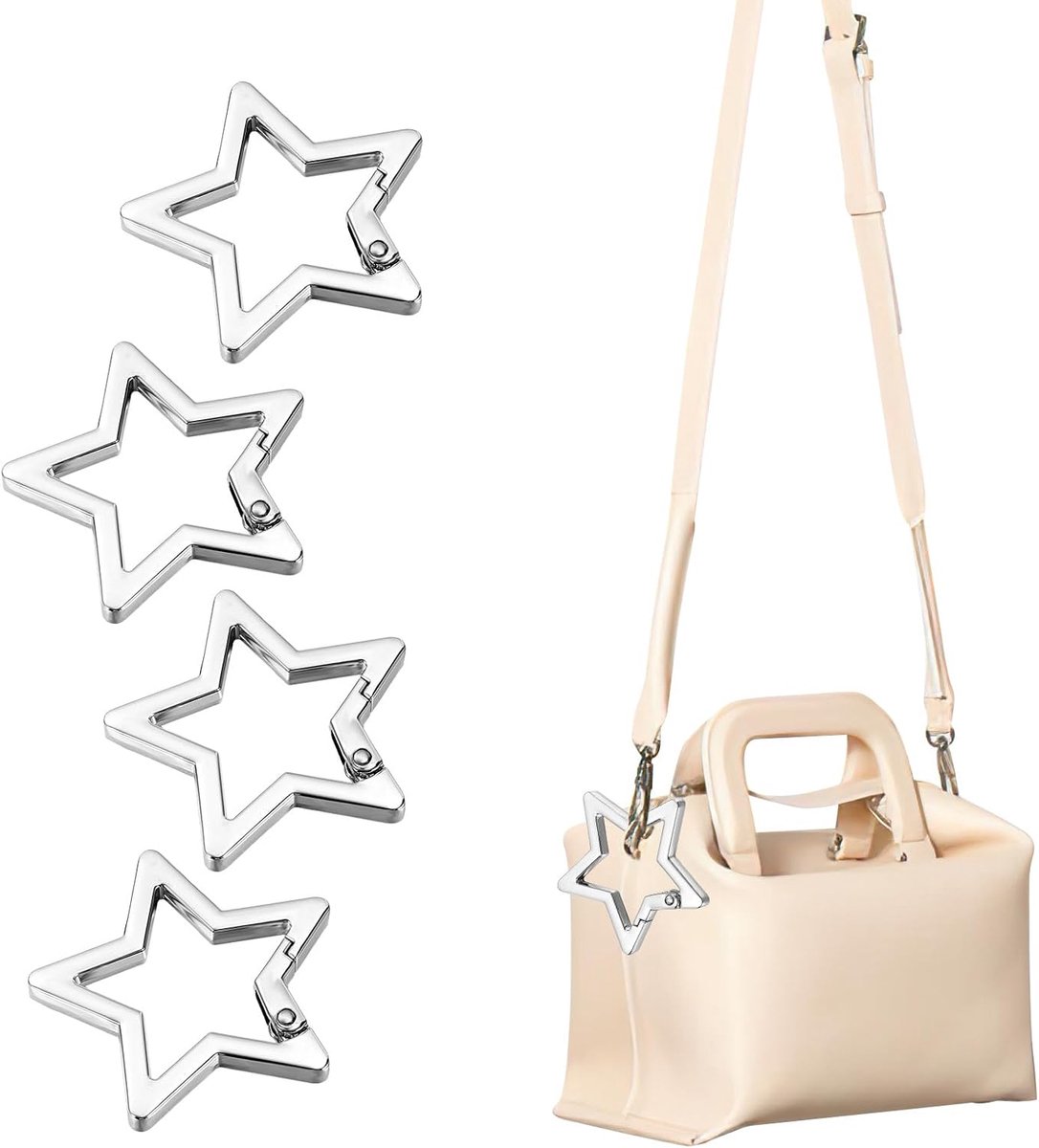 Karabijnhaak sleutelhanger 4 stuks - zilver - stervormig - ideaal voor outdooractiviteiten - ShopVlot