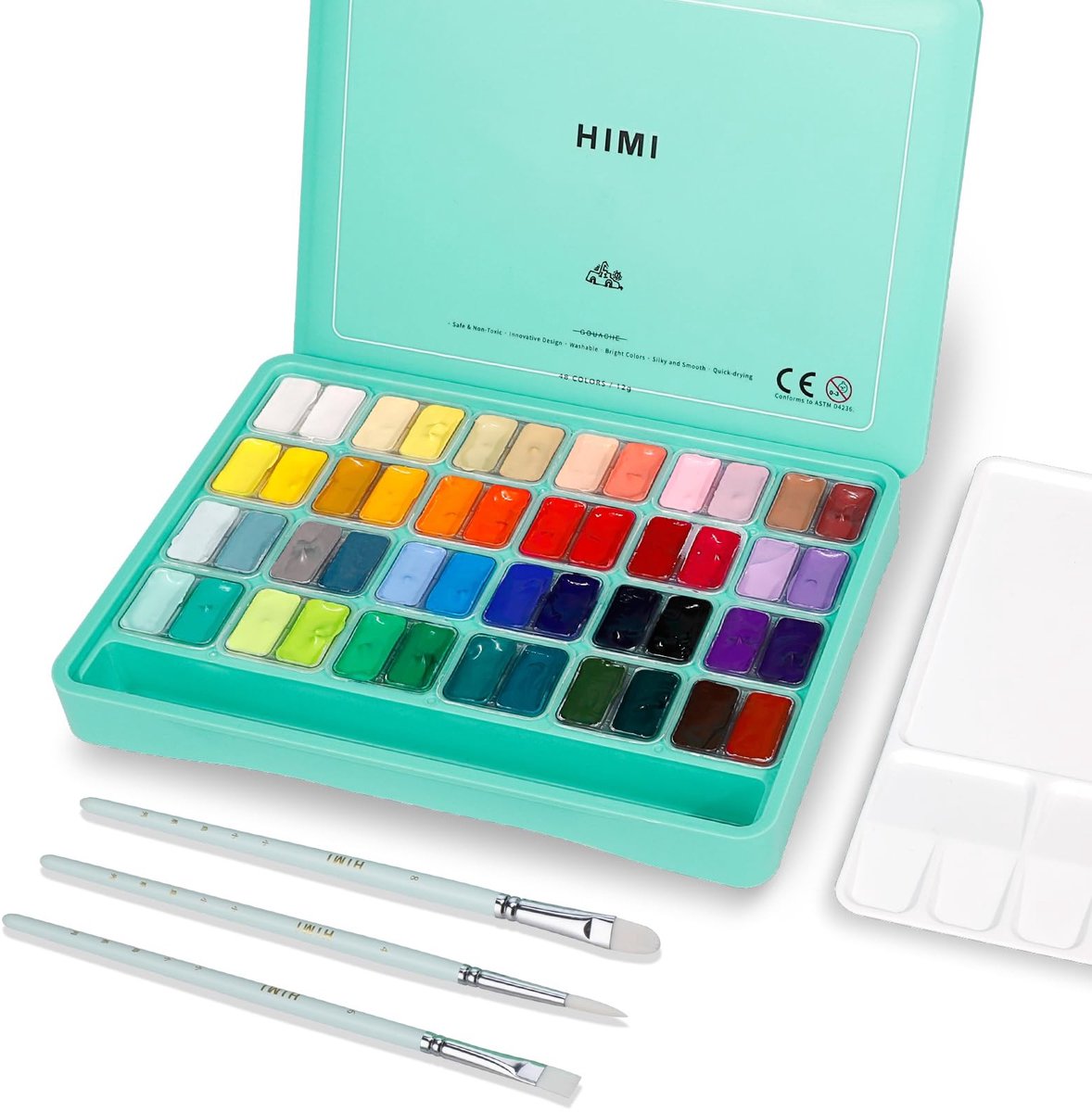 Solidchoice - Gouache Verf Set met 48 Kleuren, Inclusief Penseel en Palet