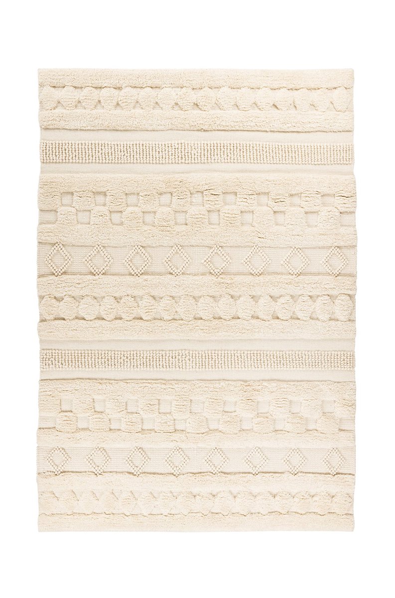 Padiro laagpolig vloerkleed 160 x 230 cm - beige - boho geometrisch patroon - geschikt voor vloerverwarming - van wol en katoen
