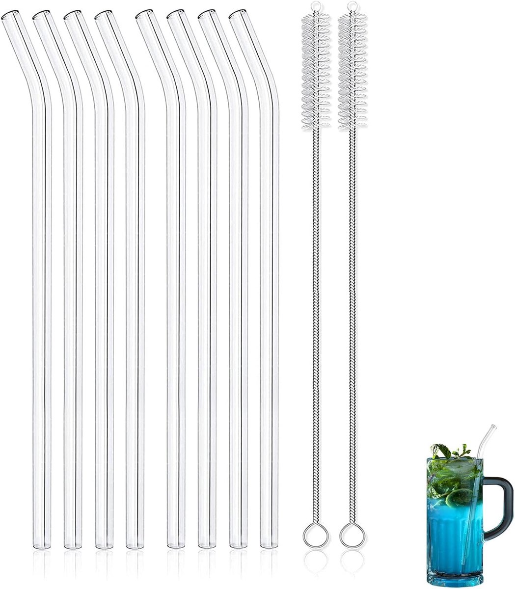 Herbruikbare glazen rietjes 20 cm - flexibele transparante rietjes - set van 8 met schoonmaakborstels - ShopVlot