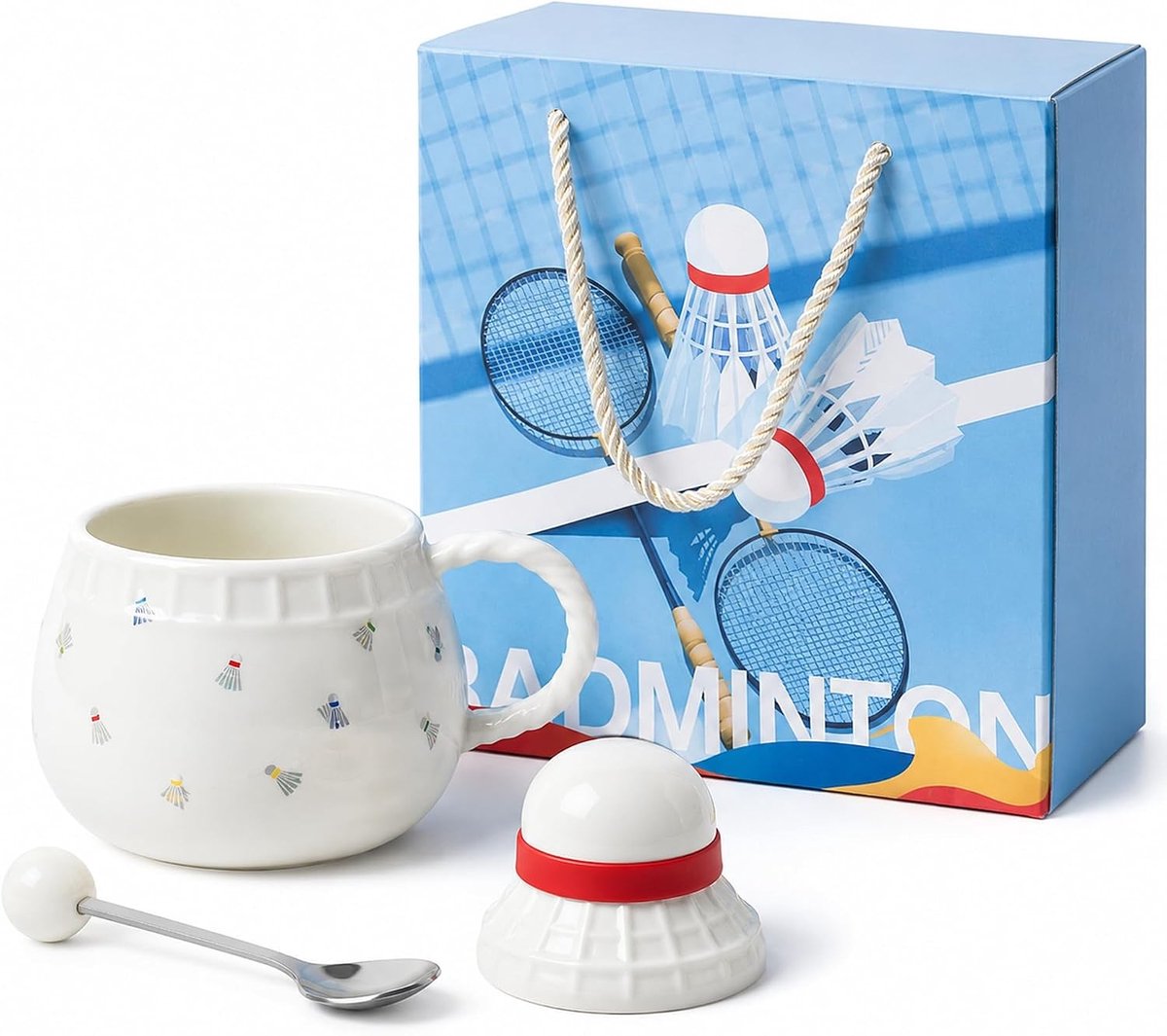 Grappige Badminton Koffiemok - Wit - 400 ml - Keramische Mok met Lepel Deksel - Voor Badmintonfans