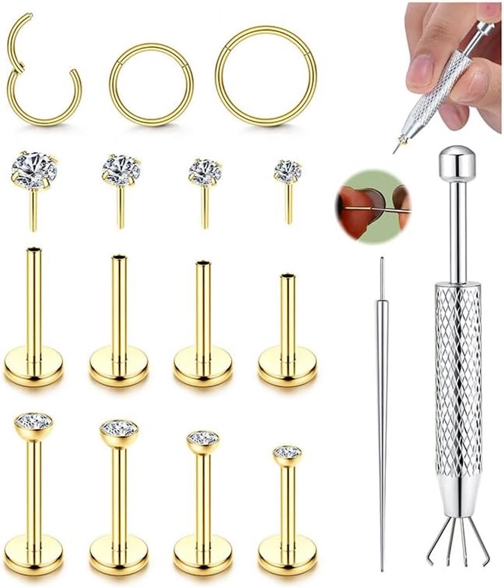 Neusstuds set 11 stuks - hypoallergene chirurgisch staal - threadless labret - veelzijdig gebruik - ShopVlot