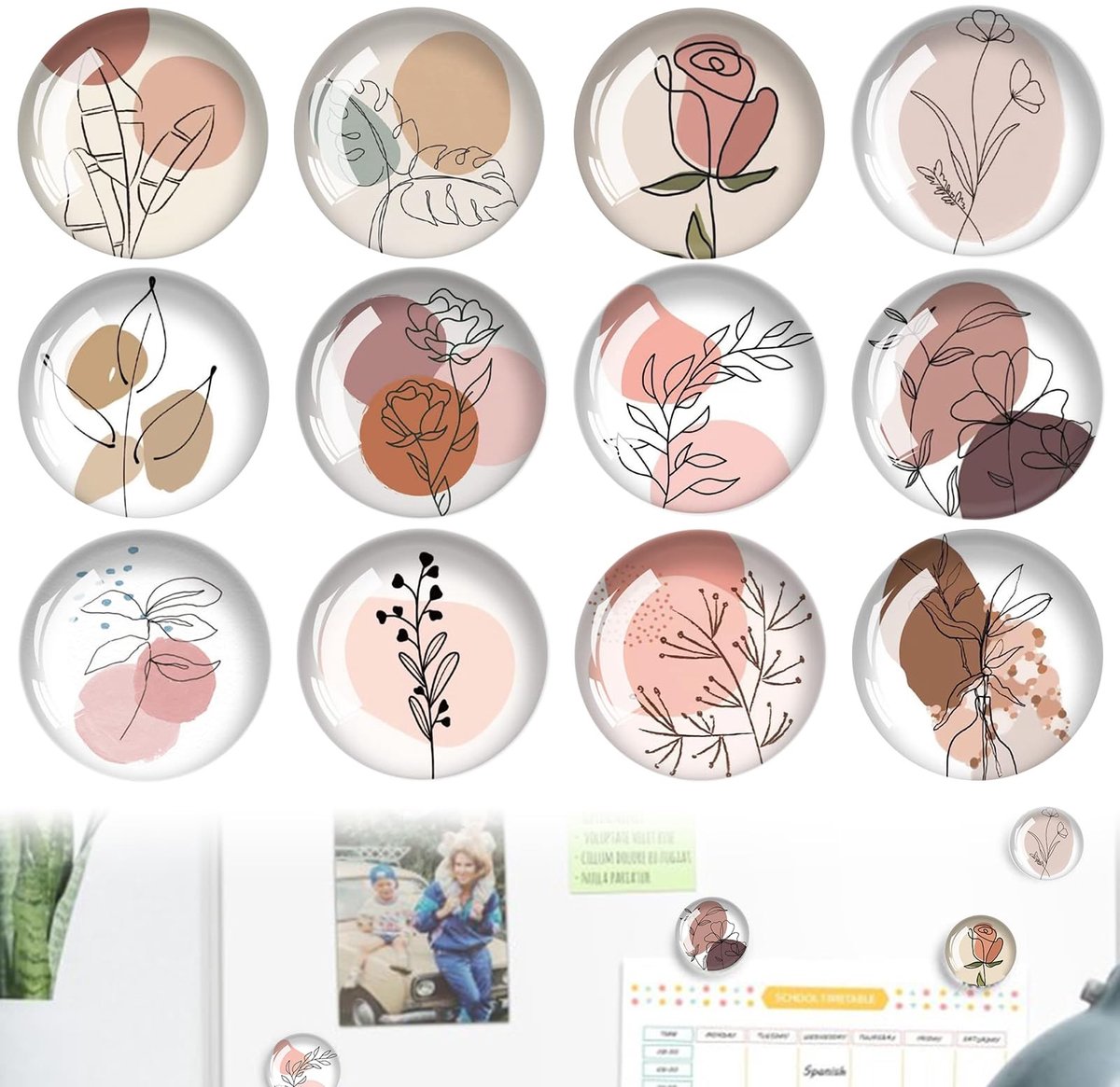 Solidchoice - Set van 12 Decoratieve Magneetjes met Bloemen in Roze