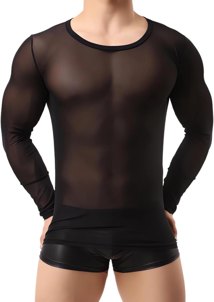 Heren T-shirts lange mouwen - sexy transparant mesh - slim fit - ideaal voor feesten - ShopVlot