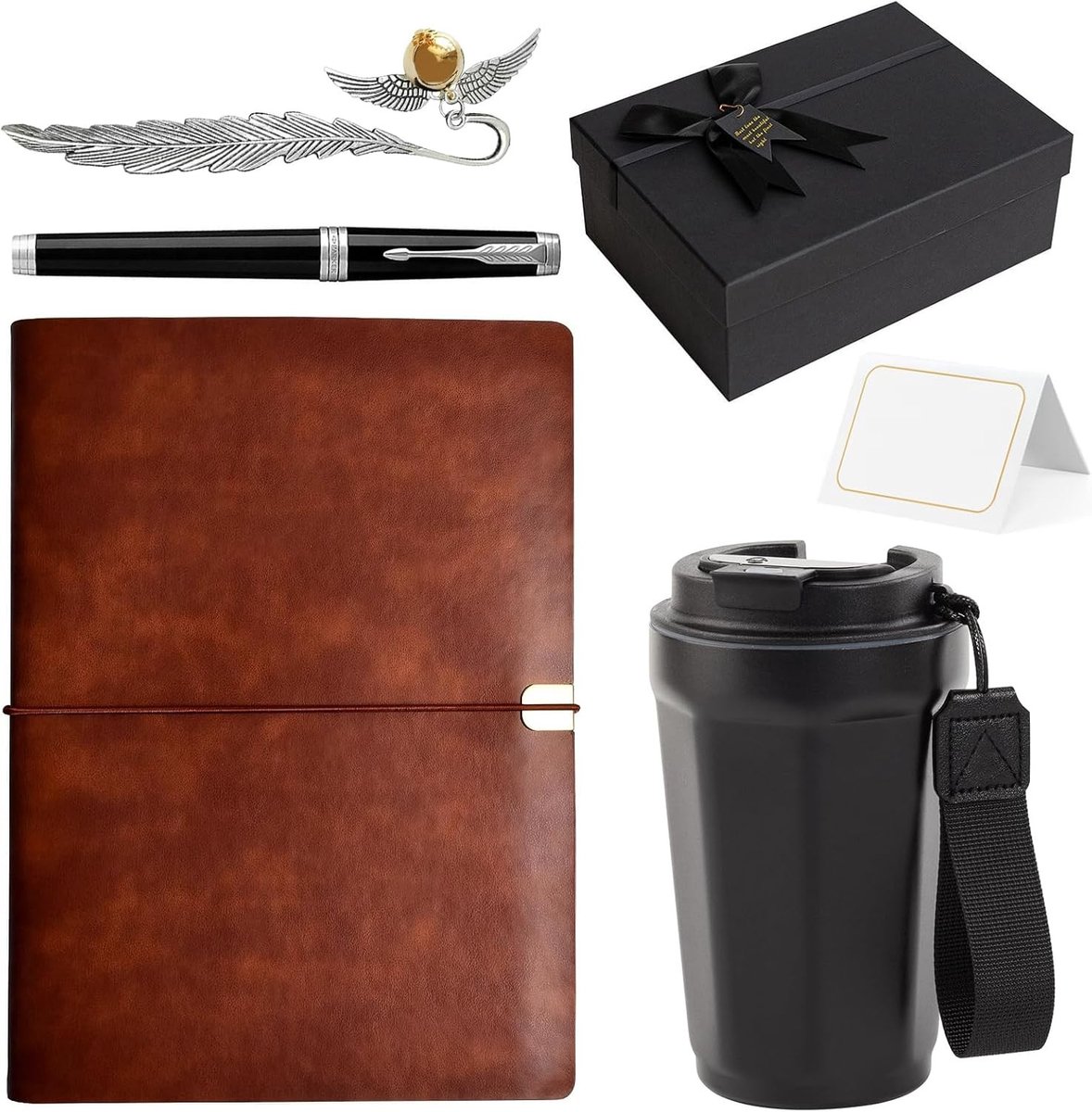 Set van 5 zakelijke geschenken: A5 losbladig notitieboek met blanco pagina's, 380ml thermobeker van roestvrij staal, lekvrije koffiemok, metalen bladwijzer en balpen voor thuis en op school