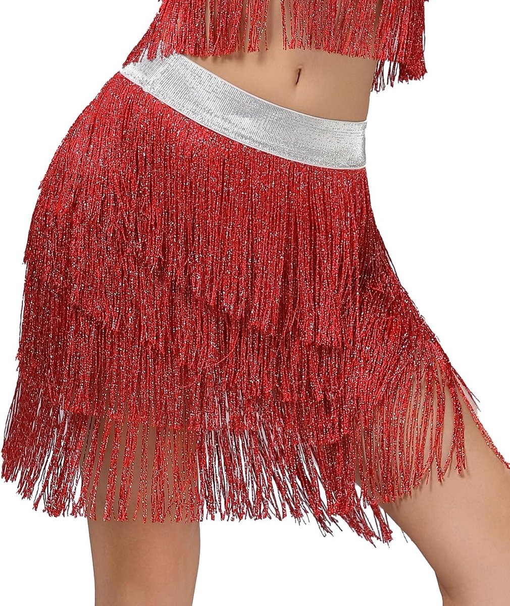 SEAUR Ladies Latin Fringed Dance Skirt Glitter Tango Skirt Samba Rumba Elastic Belt EU S-L = (Asia M-XL) - ShopVlot