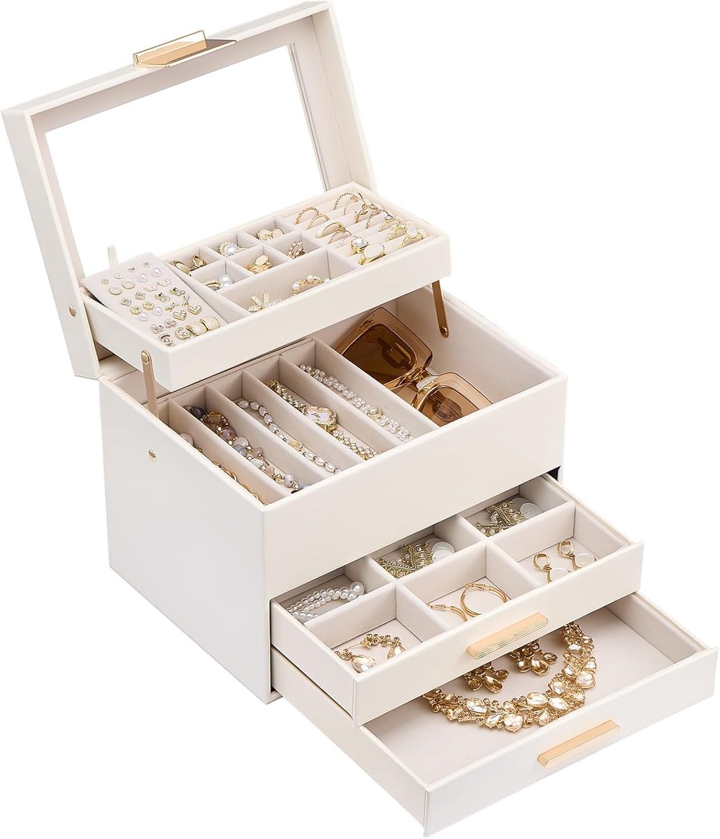 Sieradenbox met transparante deksel - 4-laags wit - met lade voor oorbellen, armbanden, kettingen, ringen - ShopVlot