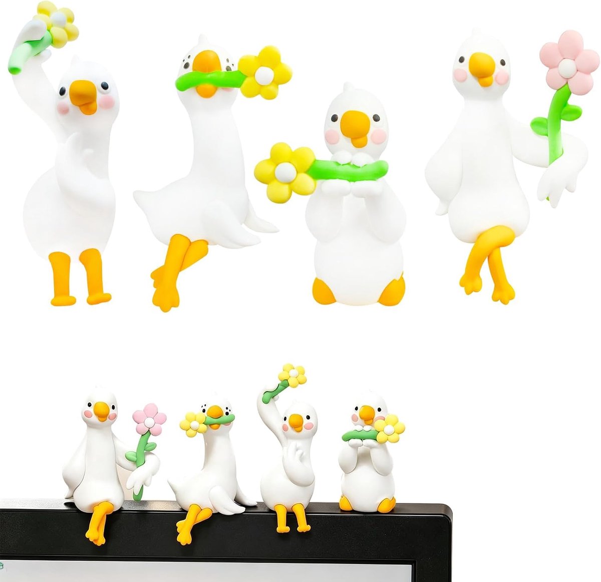 Kantoor gadgets 4 stuks - Mini ganzenfiguren 65 mm - Hars met plakpad - Vrolijke bureau decoratie - ShopVlot