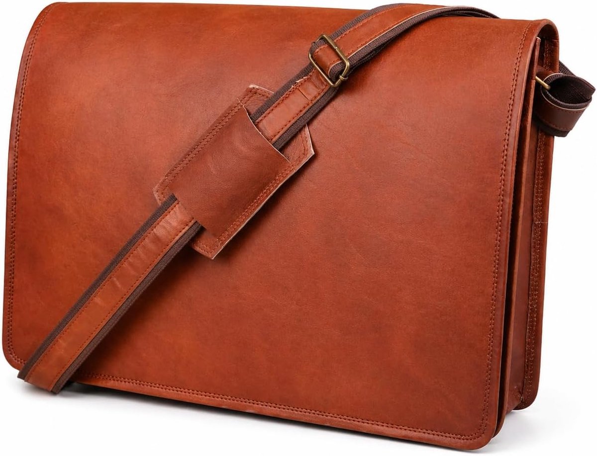 Laptoptas schoudertas - echt leer - flap sluiting - ideaal voor dagelijks gebruik - ShopVlot