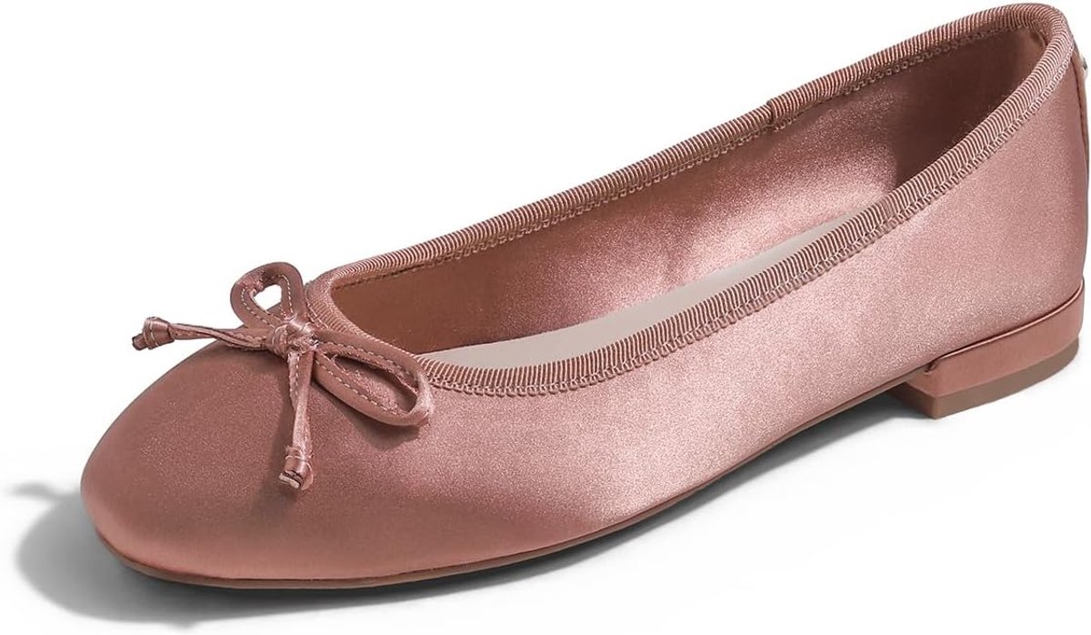 Flats lage hak 4 UK - aardachtig roze satijn - vierkante neus - elegante glans voor feesten - ShopVlot