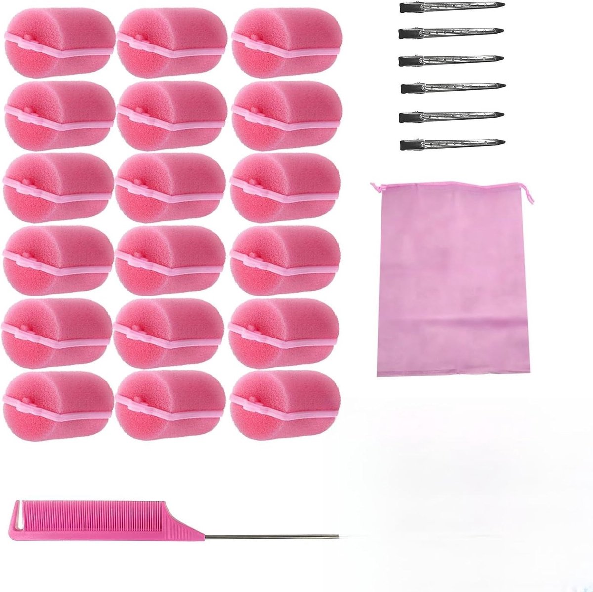 18-delige Foam Curlers Set voor Flexibele Haarkrullen, Inclusief Rattail Kam en 6 Klemmen voor Volume en Golfjes