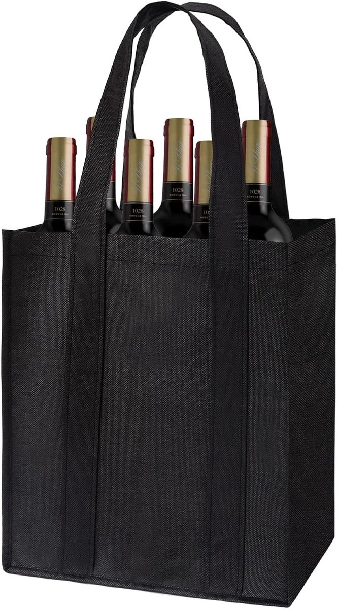 Wijnfleshouder - Zwart - 31 x 25 x 18 cm - Herbruikbare Tas voor 6 Flessen - Voor Vissen, Kamperen en Reizen