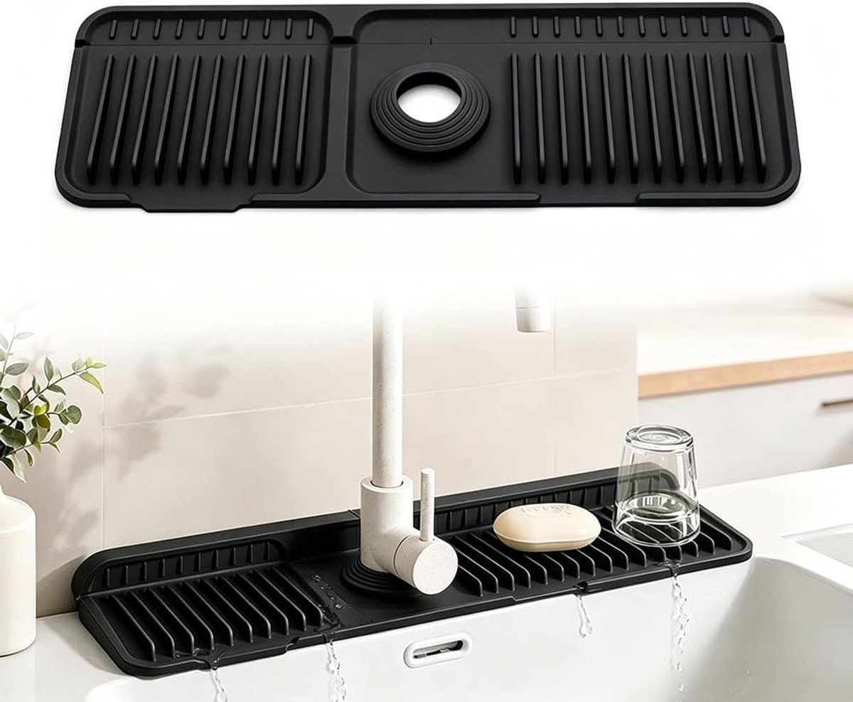 Siliconen afdruipmat 45 cm - zwart - met waterafvoer - voorkomt waterophoping - ShopVlot