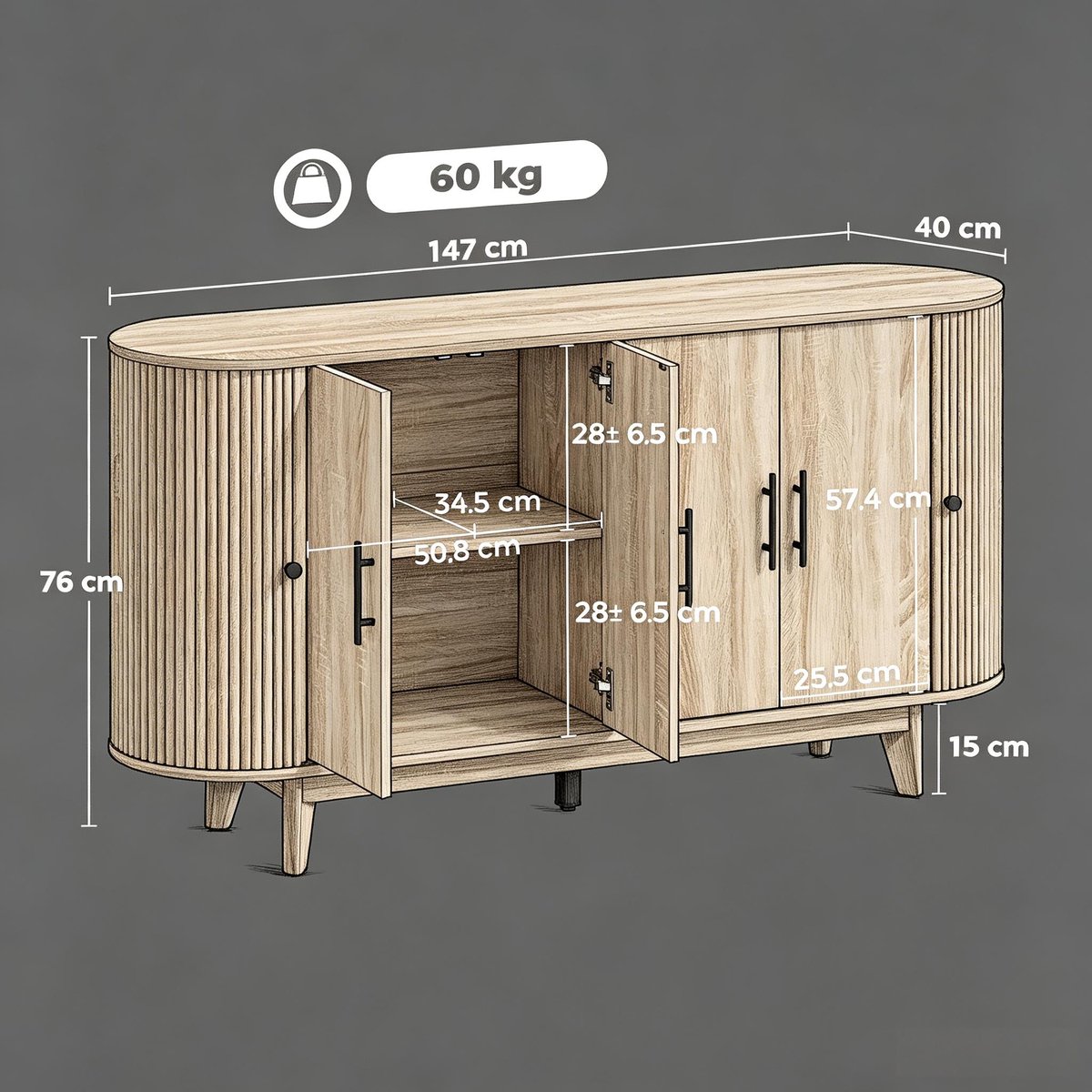 OKWISH Buffetkast - Ovale Vorm Met 2 Verstelbare Planken - Voor Woonkamer, Eetkamer En Hal - MDF Eikenhout Zwart - 147 X 40 X 76 Cm