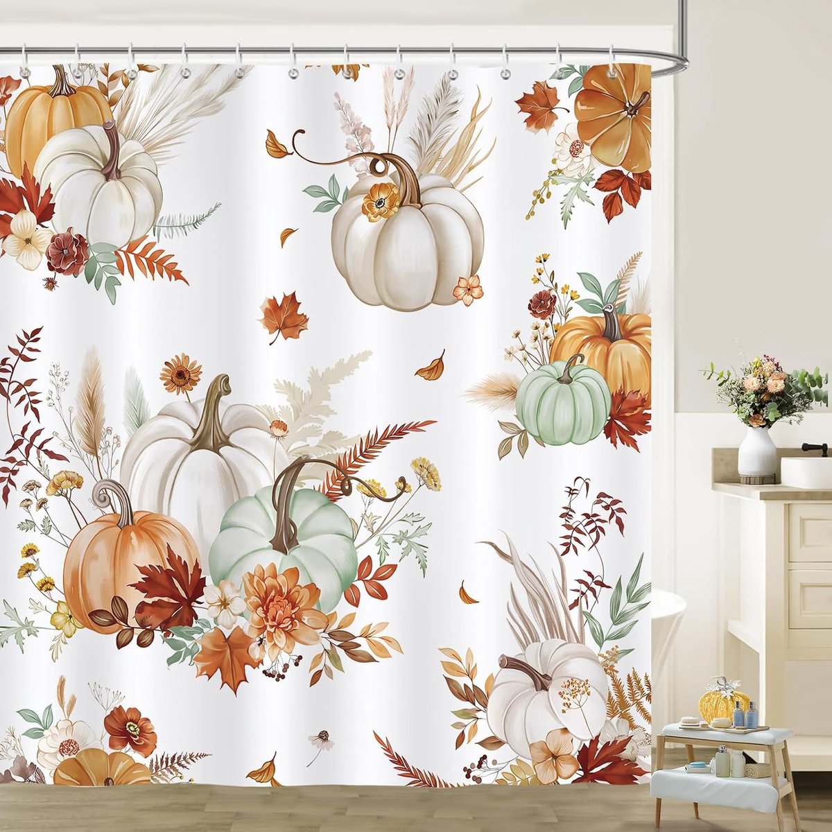 Douchegordijn 180x180cm - Waterdicht polyester - Herfst pompoenen en bloemen - Mildew bestendig - ShopVlot