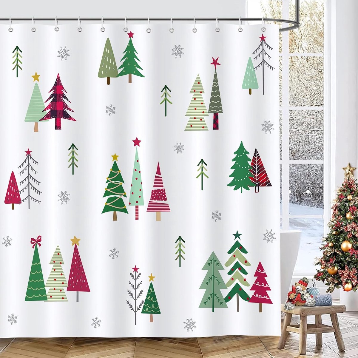 Douchegordijn Kerstboom 180x180cm - Waterdicht Polyester - Met sneeuwvlokken - Creëer een feestelijke sfeer - ShopVlot