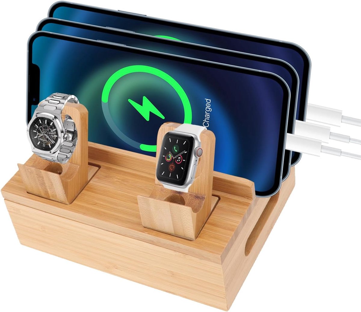Mobiel laadstation met 5 poorten - houten design - elegant en duurzaam - ideaal voor meerdere apparaten - ShopVlot
